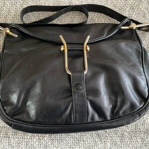 Vintage Black Leather Shoulder Bag with Gold Hardware & leather lining - LMar29
